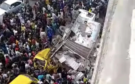Truck plunges off bridge in Lagos, lands on 2 commercial buses