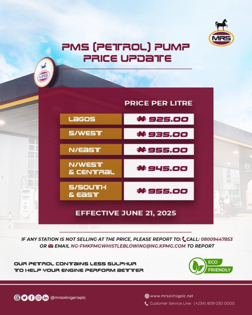 MRS hikes petrol price to N925 in Lagos, N955 in Southeast