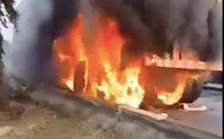 Container truck catches fire on Lagos bridge