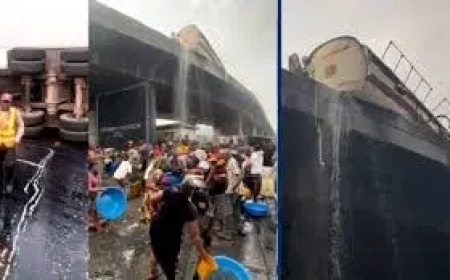 M Tragedy averted in Lagos as Police, LASTMA chase away residents scooping diesel from fallen tanker