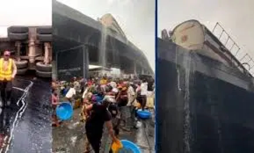 M Tragedy averted in Lagos as Police, LASTMA chase away residents scooping diesel from fallen tanker