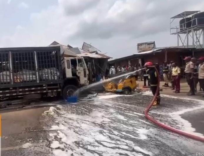One dies, three injured as yam-laden truck rams tricycle in Lagos