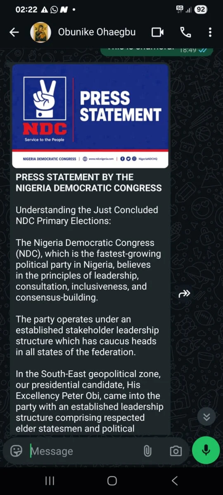 Okonkwo releases WhatsApp chats, insists on bribery claim against Obi, NDC