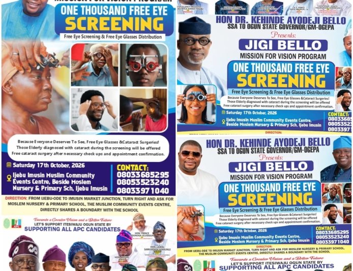 APC Chieftain Kenny Bello To Offer Free Eye Screening, Glasses, Cataract Surgeries In Ijebu-East